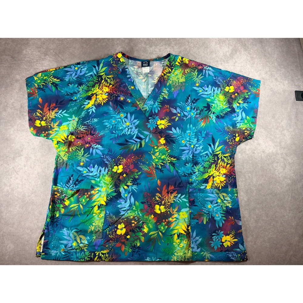 Barco Uniforms Floral Scrub Top Teal Green Yellow V-Neck Pockets LP576 Large